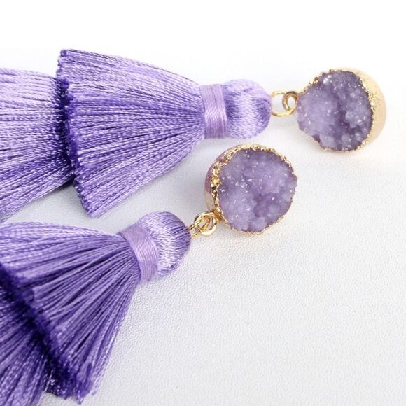 14K Yellow Gold with Lavender Silk Thread Tassel and Quartz Druzy Post Earrings - Picture 2 of 8